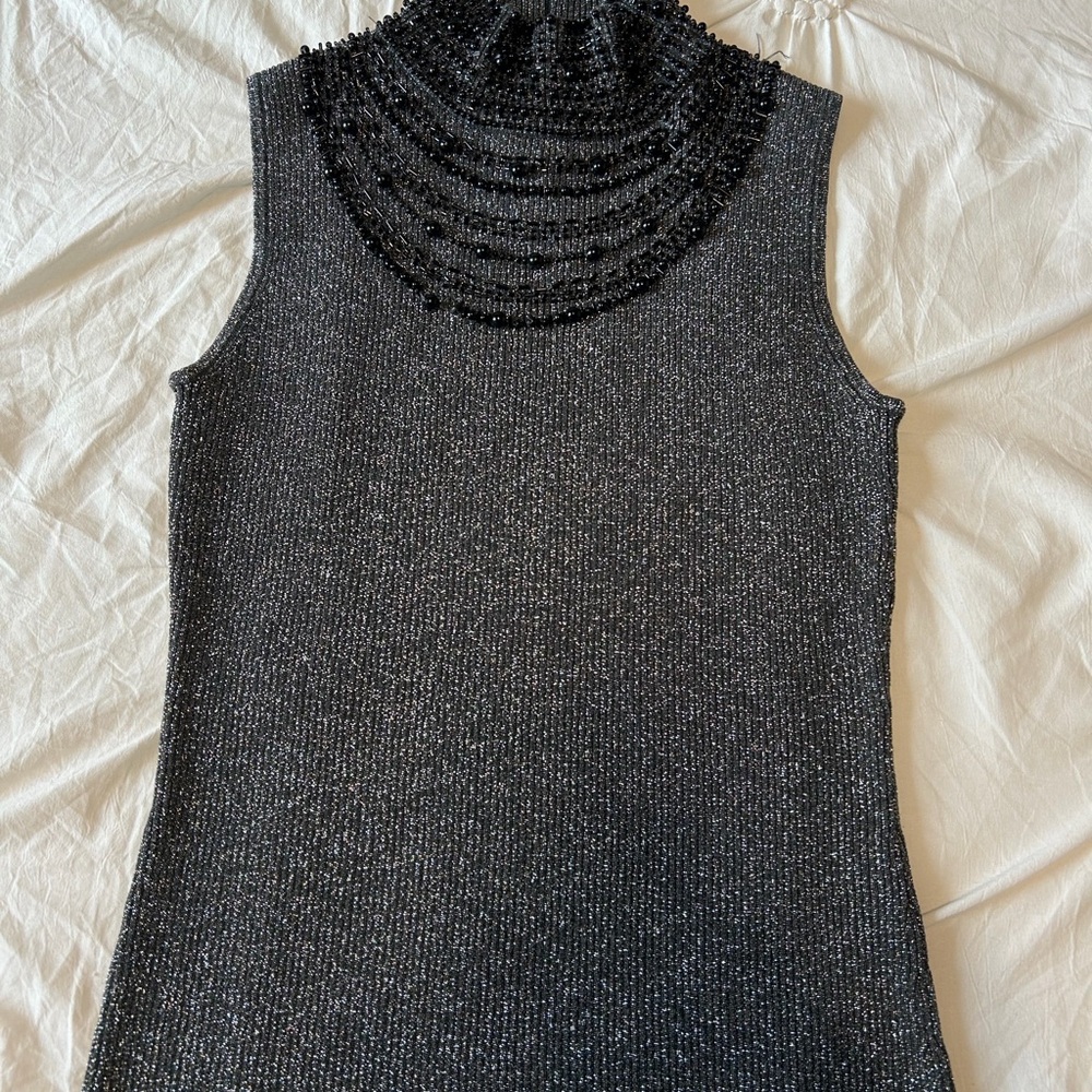 Grace Beaded Turtleneck Sleeveless Metallic Tank - Black